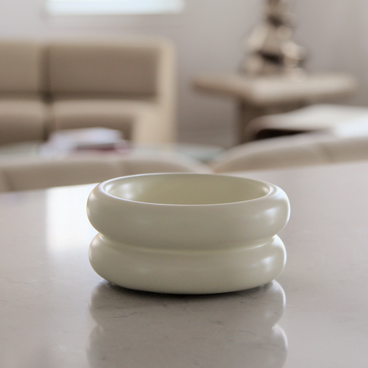 catenary elevated cat bowls in white on kitchen countertop that prevents whisker fatigue