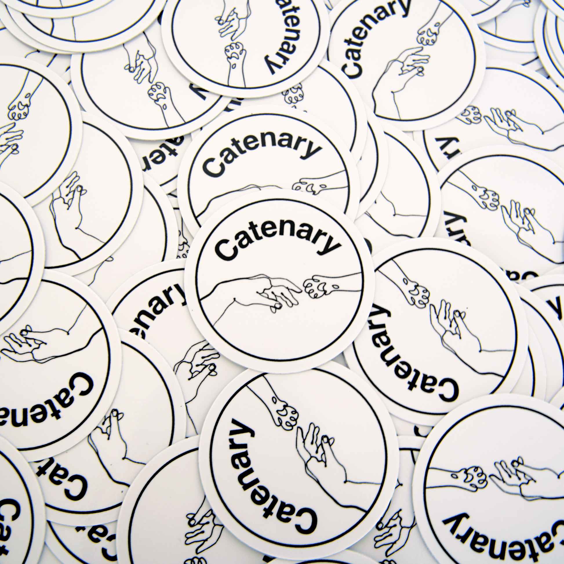 many catenary stickers of single line art with human hand and cat paw