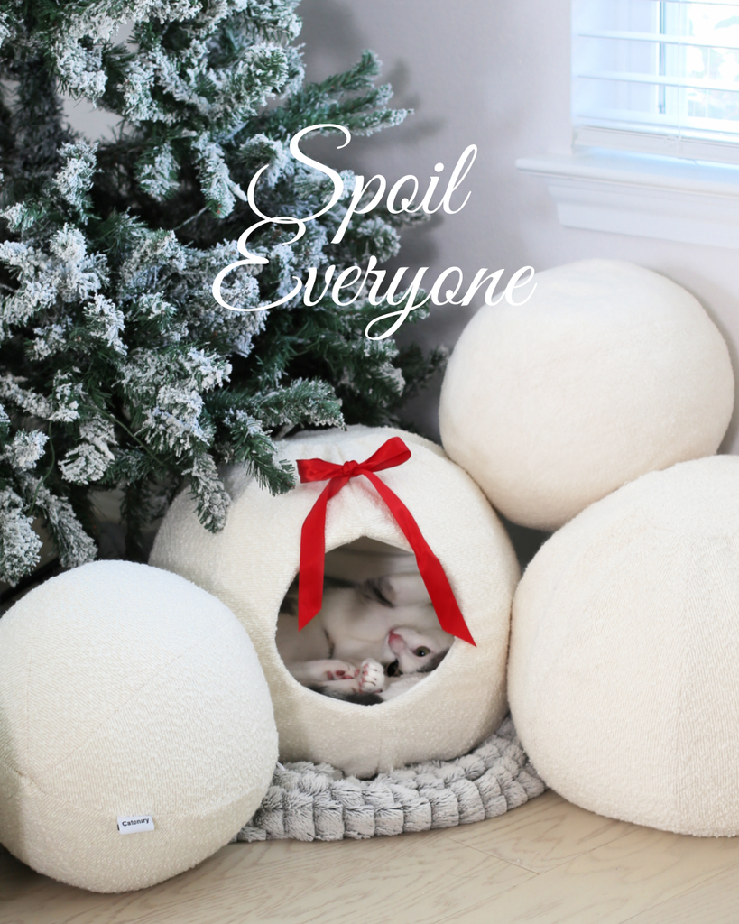 White pet bed with a red bow, surrounded by decorative spheres and a Christmas tree, with text 'Spoil Everyone'.