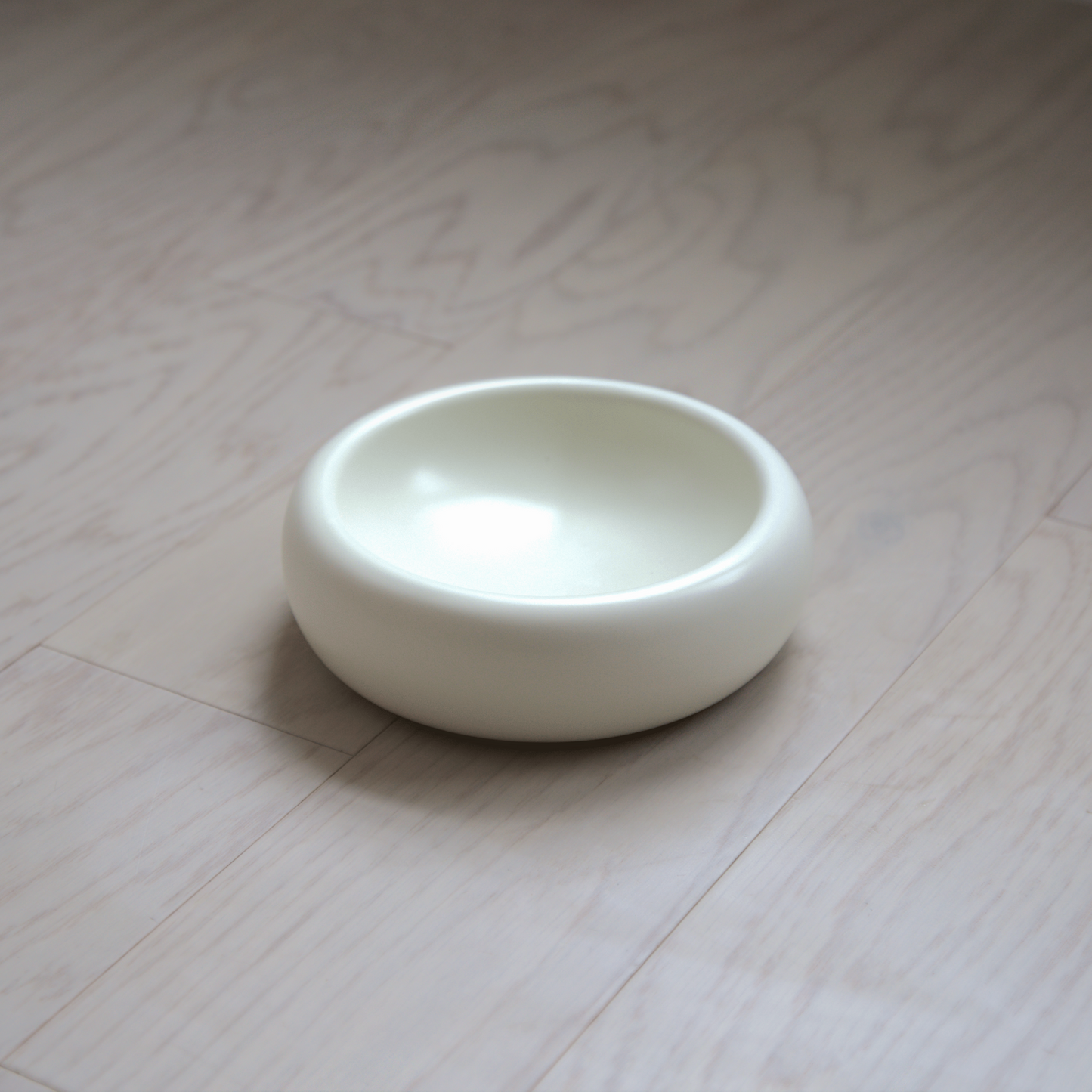 catenary white ceramic cat bowl on hardwood floor that is a whisker fatigue bowl with wide and shallow design